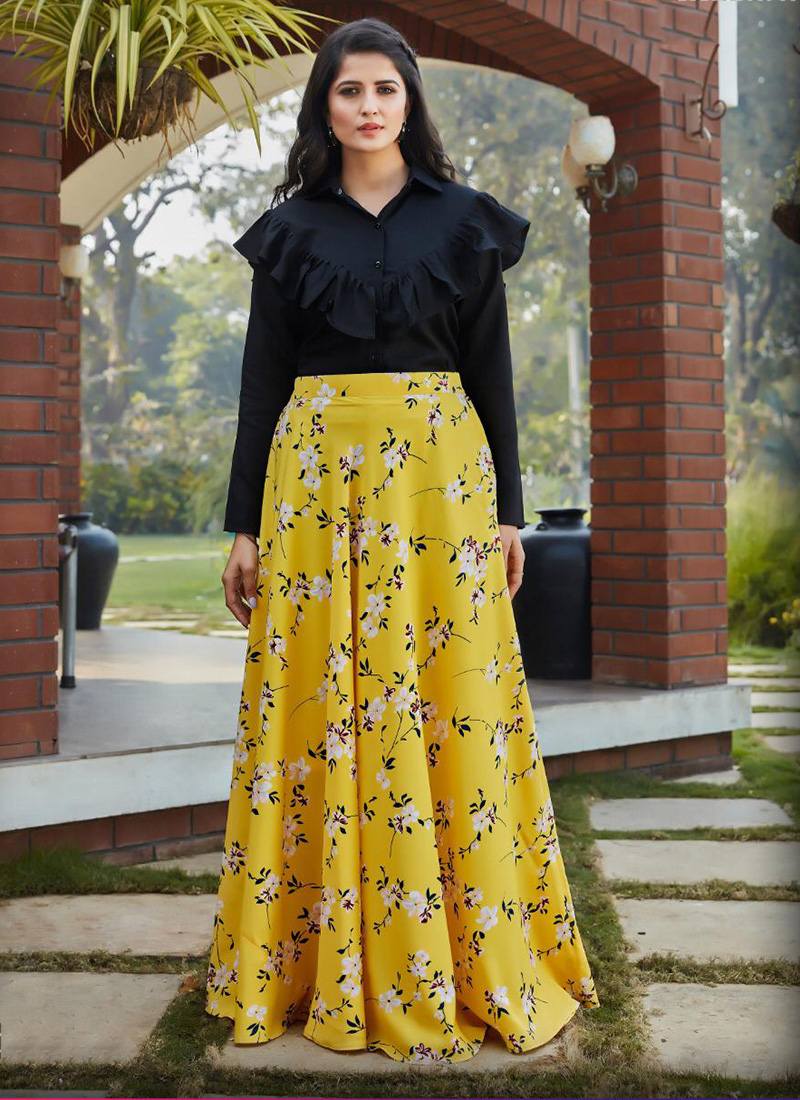 Yellow Cotton Party Wear Printed Work Top With Skirt