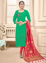 Green Cotton Daily Wear Embroidery Work Churidar Suit