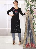 Navy Blue Cotton Casual Wear Embroidery Work Churidar Suit