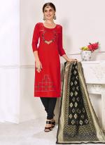 Red Cotton Casual Wear Embroidery Work Churidar Suit