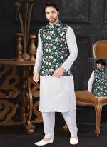 White And Navy Blue Silk Festival Wear Printed Kurta Pajama With Jacket