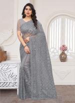 Grey Net Party Wear Moti Work Saree