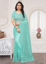 Sky Blue Net Party Wear Moti Work Saree