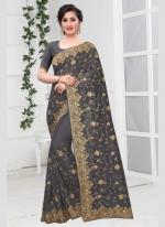 Grey Vichitra Silk Wedding Wear Stone Work Saree