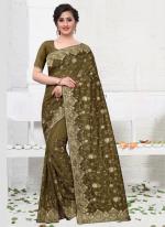 Olive Green Vichitra Silk Wedding Wear Stone Work Saree