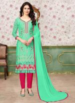 Green Glace Cotton Daily Wear Embroidery Work Churidar Suit