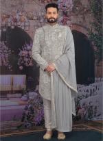 Light gray Art Banarasi Silk Wedding Wear Embroidery Work Sherwani