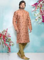 Peach BrocadeJacquard Silk  Festival Wear Weaving Kurta Pajama