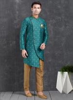 Teal Jaqurd Silk Brocade Festival Wear Pintux Aligadhi Pant Indo Western