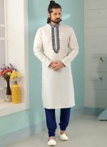 Off White Blue Art Banarasi Silk Traditional Wear Embroidery Work Kurta Pajama