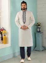 Off White Navy Blue Art Banarasi Silk Traditional Wear Embroidery Work Kurta Pajama