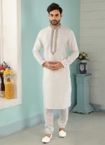 Trendy Off White Art Banarasi Silk Traditional Wear Embroidery Work Kurta Pajama