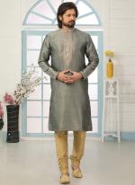 Gray Art Banarasi Silk Traditional Wear Embroidery Work Kurta Pajama