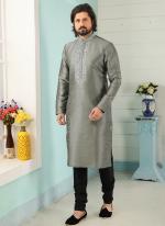 Gray Art Banarasi Silk Traditional Wear Embroidery Work Kurta Pajama