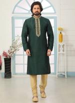 Dark Green Art Banarasi Silk Traditional Wear Embroidery Work Kurta Pajama