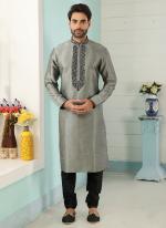 Gray Art Banarasi Silk Traditional Wear Embroidery Work Kurta Pajama