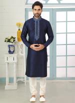 Stylish Navy Blue Art Banarasi Silk Traditional Wear Embroidery Work Kurta Pajama