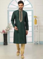 Dark Green Art Banarasi Silk Traditional Wear Embroidery Work Kurta Pajama