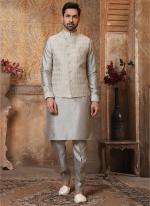 Grey Banarasi Silk Traditional Wear Weaving Aligadhi Pant Kurta