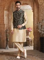 Golden Banarasi Silk Traditional Wear Weaving Aligadhi Pant Kurta