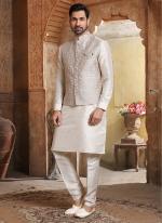 White Banarasi Silk Traditional Wear Weaving Aligadhi Pant Kurta