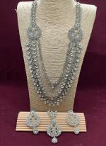 Silver Chandbali Designer Three Layer Stone Studded Long Necklace Set