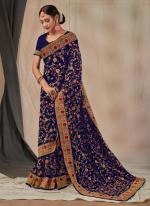 Navy Blue Georgette Wedding Wear Embroidery Work Saree