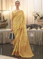 Yellow Pure Linen Traditional Wear Weaving Saree