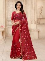 Red Net Reception Wear Zarkan Work Saree