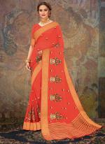 Orange Chiffon Traditional Wear Embroidery Work Saree