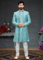 Dusty Aqua Blue Heavy Imported Silk Wedding Wear Weaving Italian Indo Western