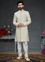 OffWhite Pink Pista Heavy Imported Jacquard Wedding Wear Weaving Nawabi Indo Western