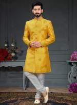 Yellow Heavy Imported Silk Wedding Wear Weaving Nawabi Indo Western