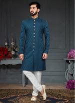 Peacock Blue Heavy Imported Jacquard Wedding Wear Weaving Nawabi Indo Western
