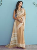 Beige Soft Linen Party Wear Lucknowi Saree