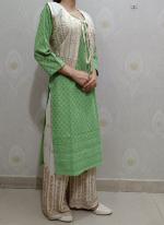 Pista Green Cambric Cotton Festival Wear Sequins Work Kurti With Palazzo