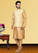 Beige Dupion Raw Silk Traditional Wear Weaving Kurta Pajama With Waistcoat