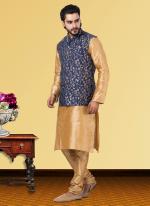 Blue Dupion Raw Silk Traditional Wear Weaving Kurta Pajama With Waistcoat