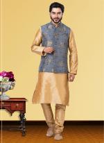 Grey Dupion Raw Silk Traditional Wear Weaving Kurta Pajama With Waistcoat