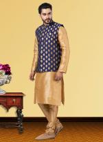 Navy Blue Dupion Raw Silk Traditional Wear Weaving Kurta Pajama With Waistcoat