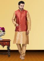 Two Tone Red Dupion Raw Silk Traditional Wear Weaving Kurta Pajama With Waistcoat