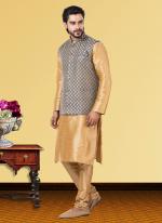 Dark Grey Dupion Raw Silk Traditional Wear Weaving Kurta Pajama With Waistcoat