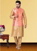 Gajri Dupion Raw Silk Traditional Wear Weaving Kurta Pajama With Waistcoat