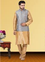 Grey Dupion Raw Silk Traditional Wear Weaving Kurta Pajama With Waistcoat