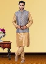 Light Blue Dupion Raw Silk Traditional Wear Weaving Kurta Pajama With Waistcoat