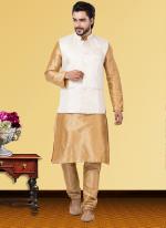 White Dupion Raw Silk Traditional Wear Weaving Kurta Pajama With Waistcoat