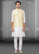 Beige Dupion Raw Silk Traditional Wear Weaving Kurta Pajama With Waistcoat