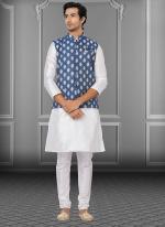 Blue Dupion Raw Silk Traditional Wear Weaving Kurta Pajama With Waistcoat