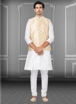 Cream Dupion Raw Silk Traditional Wear Weaving Kurta Pajama With Waistcoat