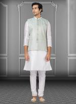 Sky Blue Dupion Raw Silk Traditional Wear Weaving Kurta Pajama With Waistcoat